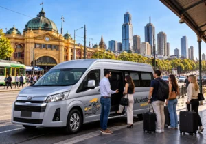 How to book a taxi in Melbourne showing a silver Toyota HiAce maxi cab with a driver assisting passengers with luggage near Flinders Street Station.
