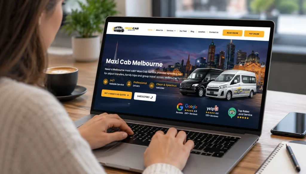How to book a taxi in Melbourne online, showing a passenger using the Maxi Cab Service website on a laptop.