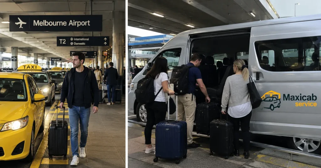 How to book a taxi in Melbourne for airport transfers, showing a traveller with luggage at a taxi rank and passengers boarding a maxi cab.