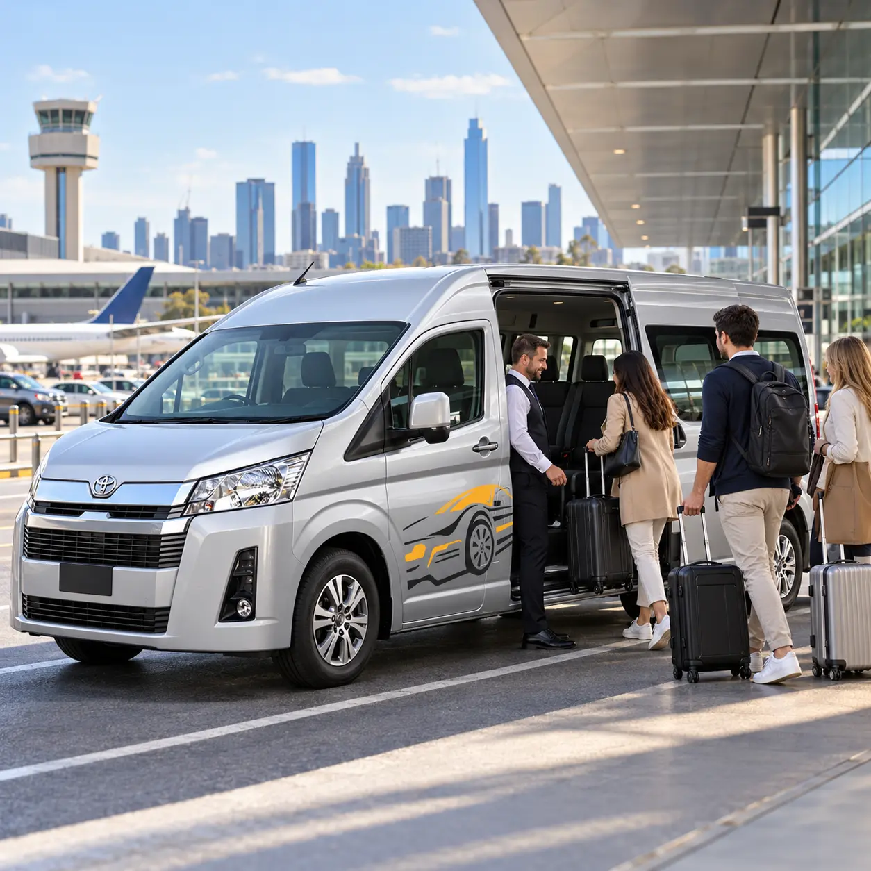 Transfer Melbourne Airport to city with passengers boarding a maxi cab