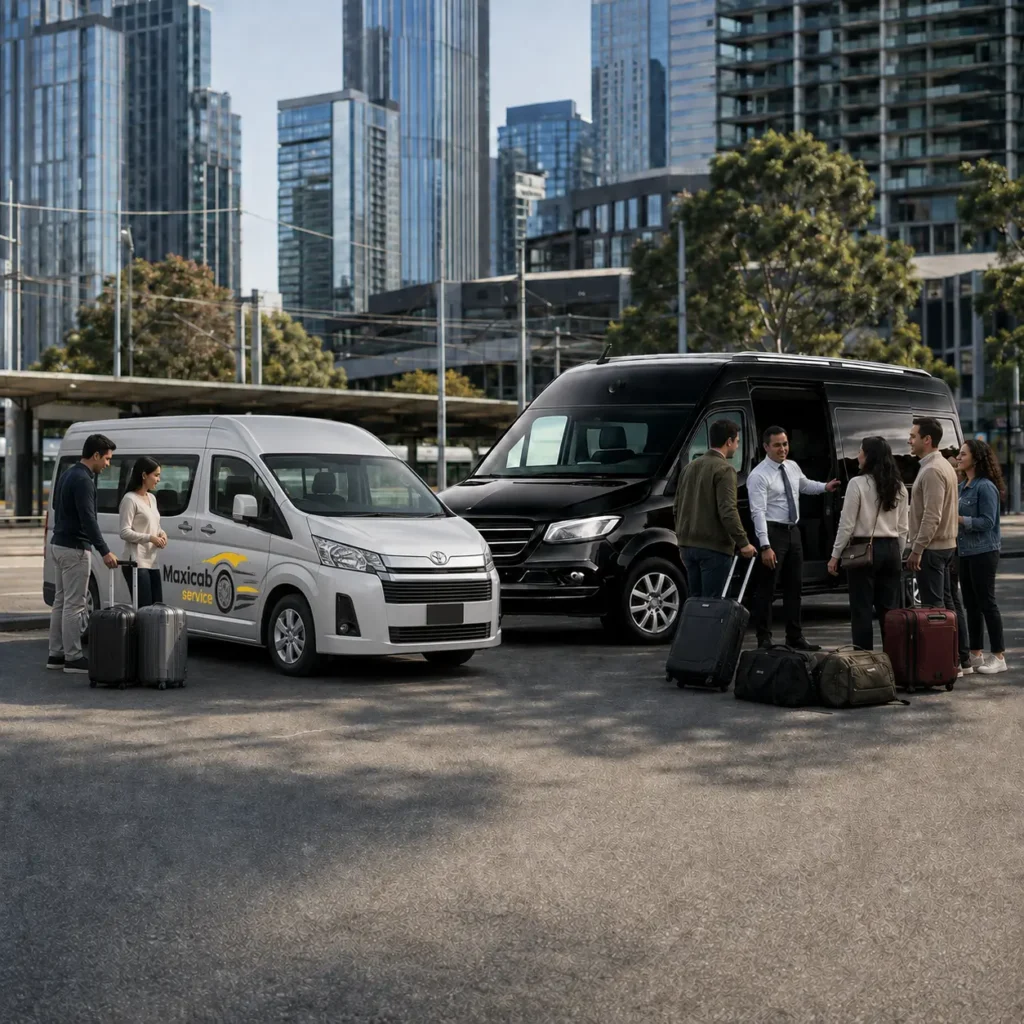 Maxi taxi vs regular taxi Melbourne comparison with passengers, luggage and a professional driver