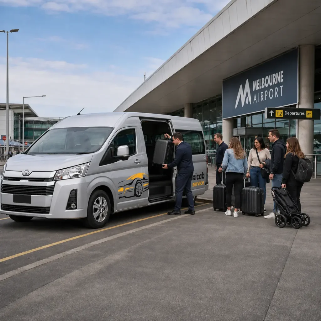 Group passengers with luggage using a maxi taxi at Melbourne Airport