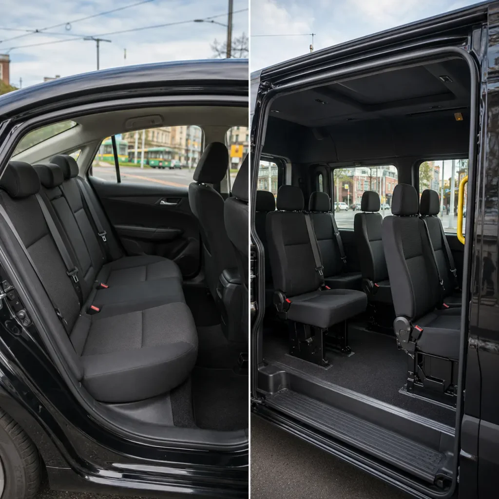 Side by side seating comparison of a regular taxi and maxi taxi in Melbourne