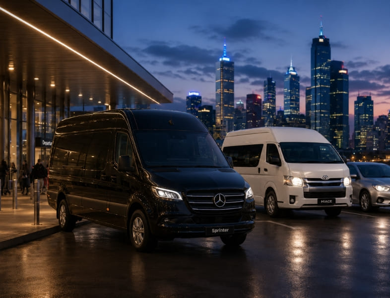 Maxi cab in Melbourne with spacious passenger vans ready for group transport across the city.