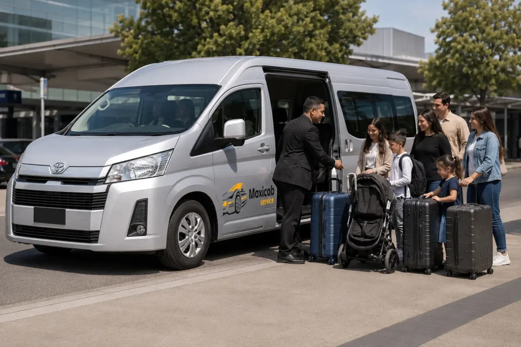 Maxi cab Melbourne with professional driver assisting a family group