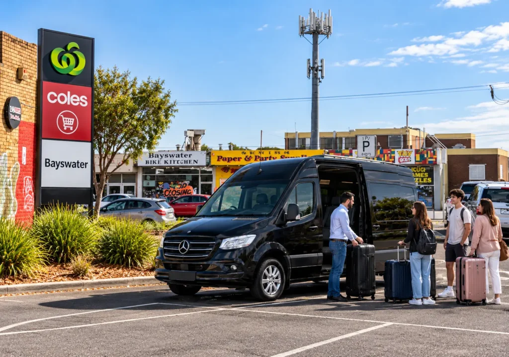 Bayswater Maxi Cab featuring a black Mercedes Sprinter taxi van with a driver assisting passengers and luggage near Bayswater shopping centre in Melbourne.