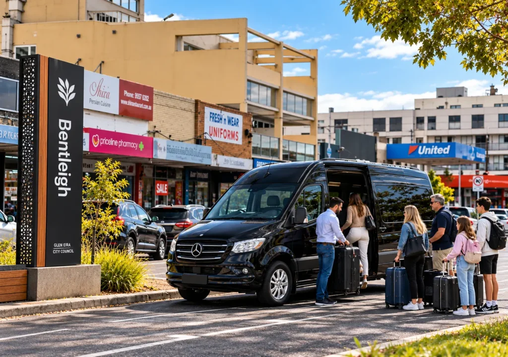 Bentleigh Maxi Cab featuring a black Mercedes Sprinter taxi van with a driver assisting a group of passengers with luggage near Bentleigh shopping strip in Melbourne.