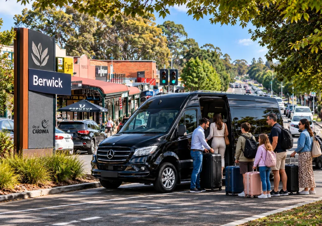 Berwick Maxi Cab featuring a black Mercedes Sprinter taxi van with a driver assisting a family and group of passengers with luggage in Berwick, Melbourne.