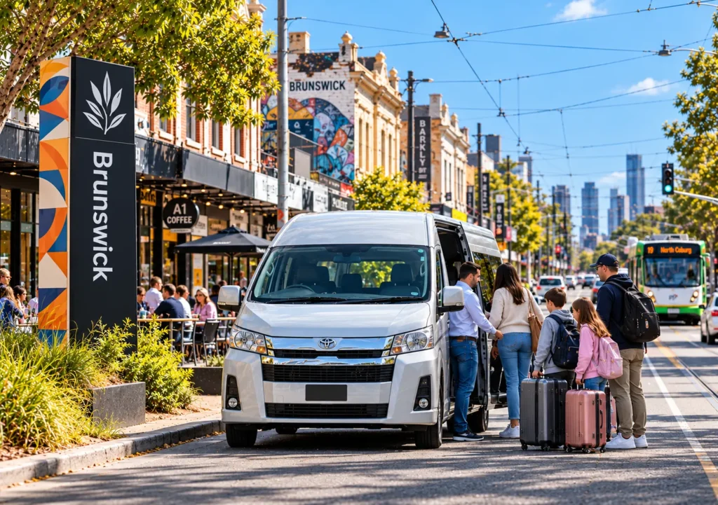 Brunswick Maxi Cab featuring a silver Toyota HiAce taxi van with a driver assisting a family with luggage along a busy Brunswick shopping street in Melbourne.