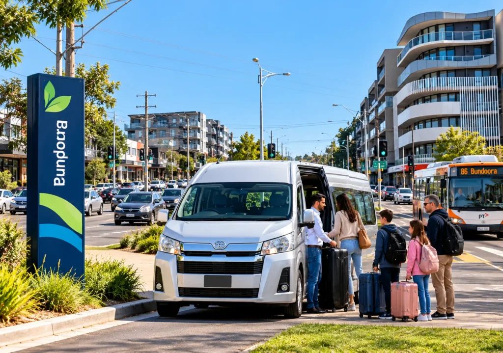 Bundoora Maxi Cab featuring a silver Toyota HiAce taxi van with a driver assisting a family with luggage near a busy intersection in Bundoora, Melbourne.