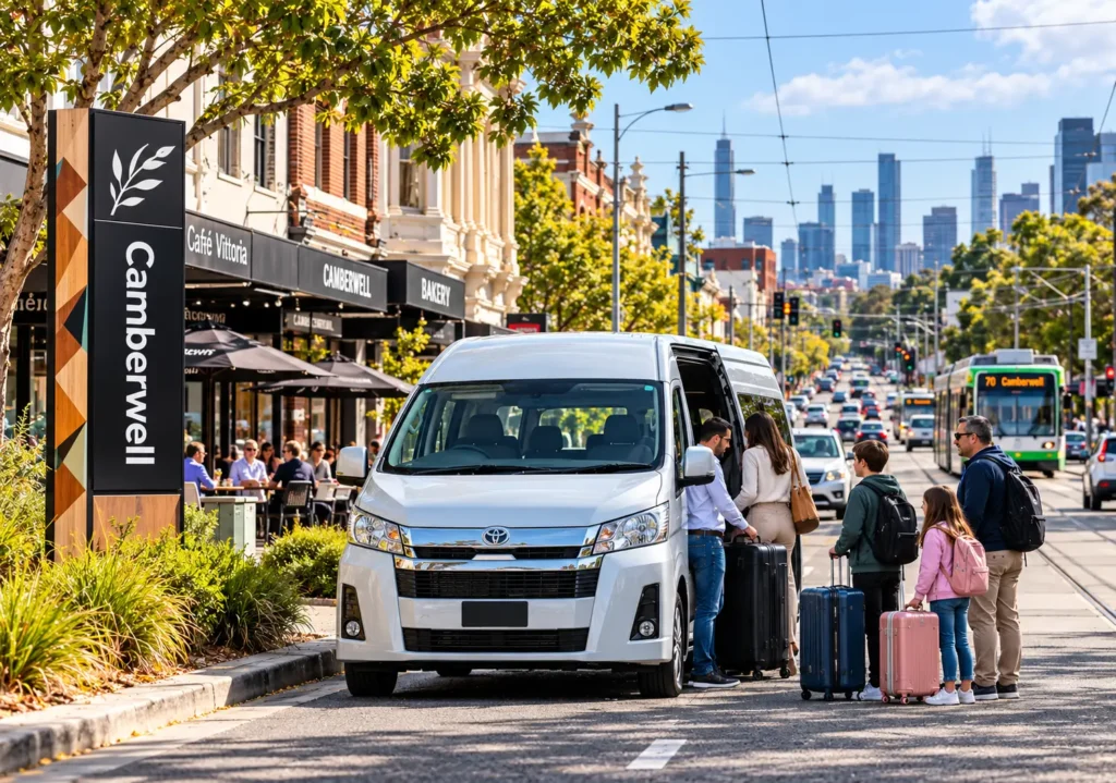 Camberwell Maxi Cab featuring a silver Toyota HiAce taxi van with a driver assisting a family with luggage along a busy Camberwell shopping street in Melbourne.