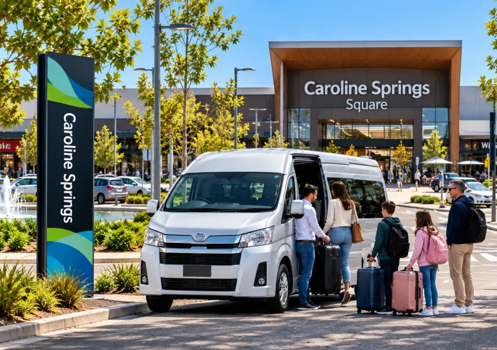 Caroline Springs Maxi Cab with a silver maxi taxi van and family passengers carrying luggage outside Caroline Springs Square, Melbourne.