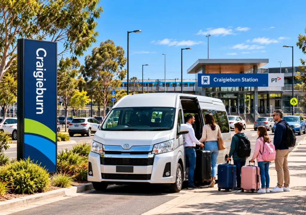 Craigieburn Maxi Cab with a spacious Toyota HiAce taxi van and family passengers with luggage near Craigieburn Station, Melbourne.