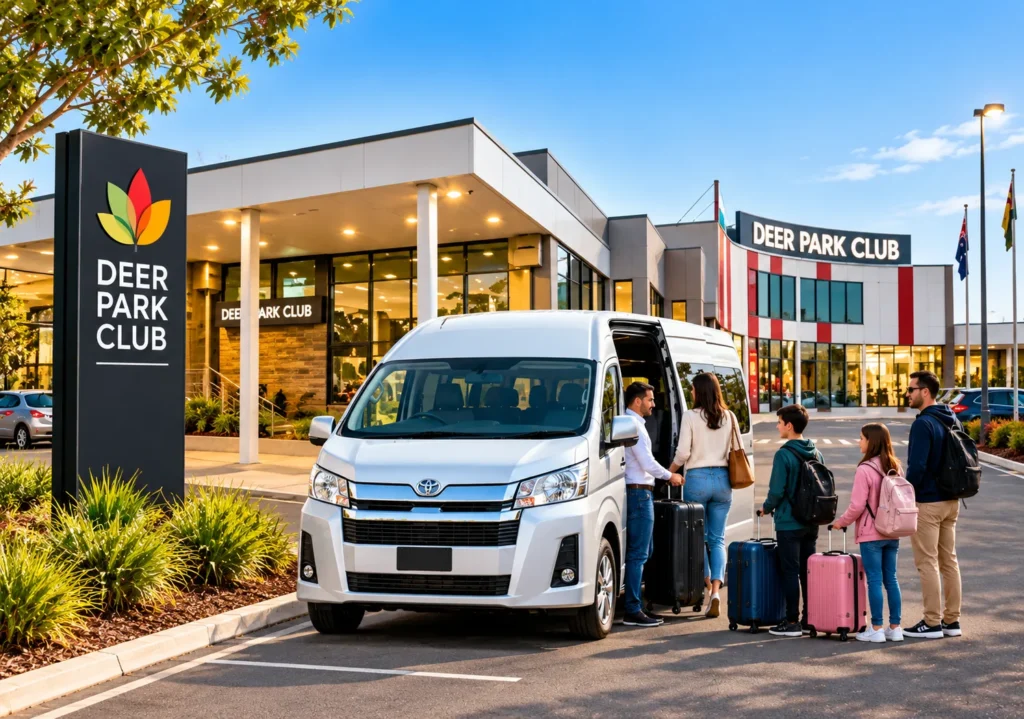 Deer Park Maxi Cab with a spacious Toyota HiAce taxi van and family passengers outside Deer Park Club in Melbourne.