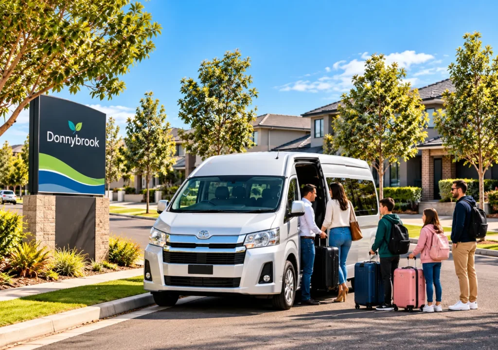 Donnybrook Maxi Cab with a silver Toyota HiAce taxi van, family passengers and luggage on a residential street in Melbourne.