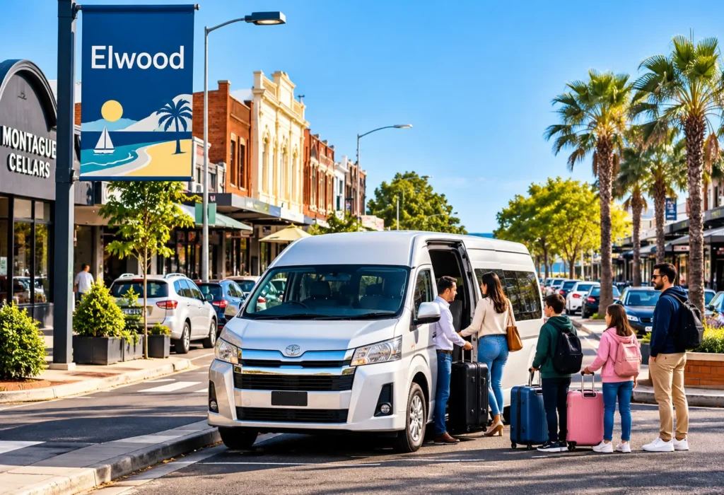 Elwood Maxi Cab featuring a silver Toyota HiAce taxi van with family passengers and luggage near Elwood Village, Melbourne.