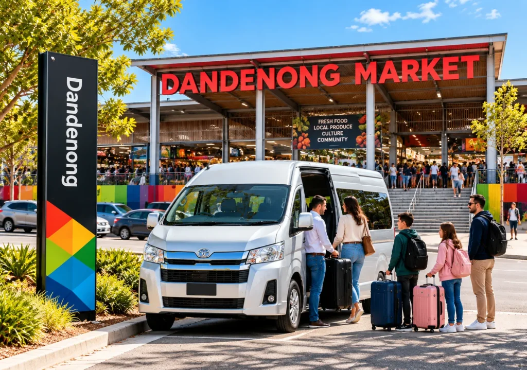 Dandenong Maxi Cab Toyota HiAce taxi van with family passengers and luggage outside Dandenong Market, Melbourne.