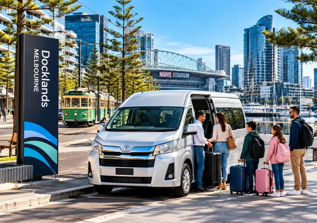 Docklands Maxi Cab with a silver Toyota HiAce taxi van, family passengers and luggage near Marvel Stadium in Melbourne.