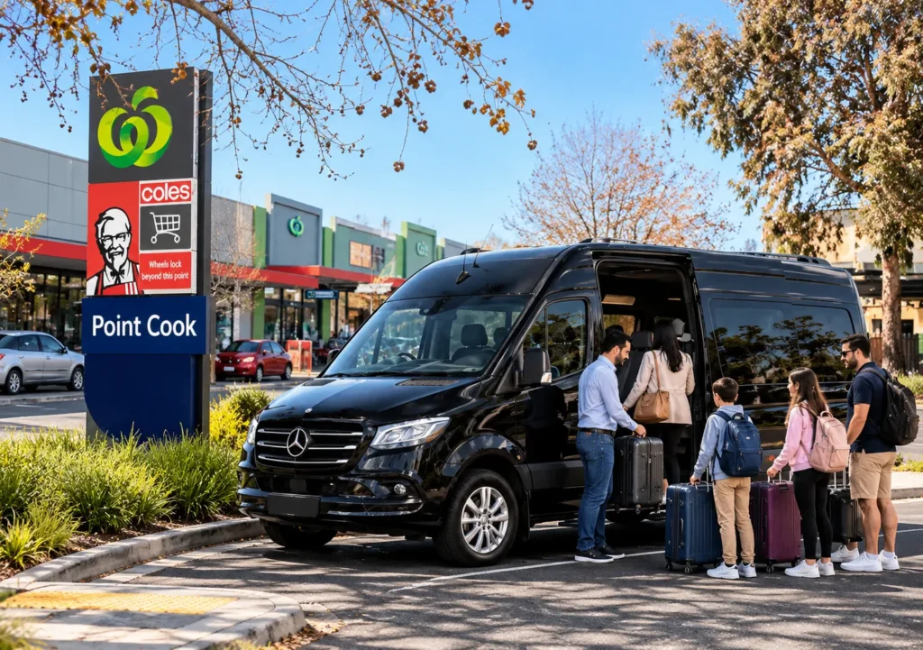 Point Cook Maxi Cab with a black Mercedes Sprinter taxi van and driver assisting a family with luggage near Point Cook shopping centre in Melbourne.