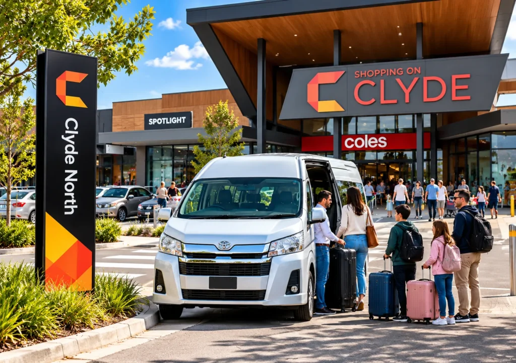Clyde North Maxi Cab featuring a silver Toyota HiAce taxi van with a driver assisting a family with luggage outside Shopping on Clyde in Melbourne.