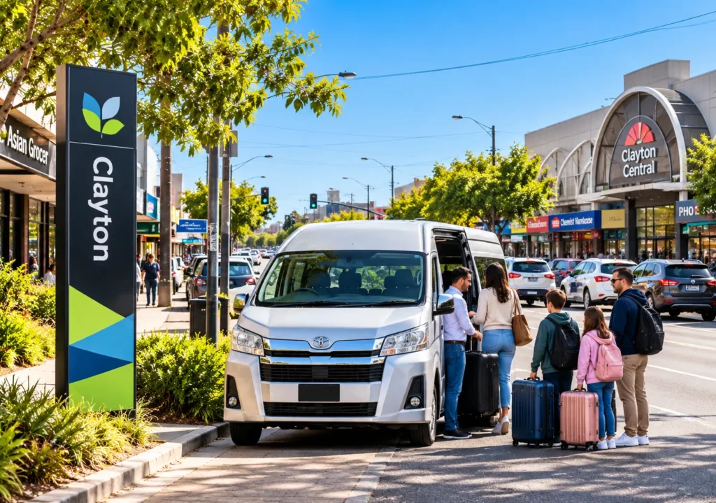 Clayton Maxi Cab featuring a silver Toyota HiAce taxi van with a driver assisting a family with luggage near Clayton Central shopping area in Melbourne.