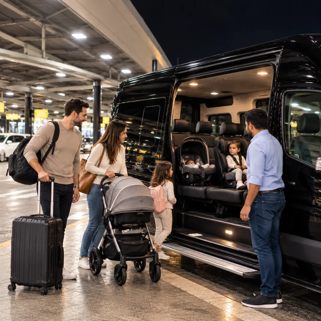 Baby Seat Taxi Melbourne with infant capsule and toddler car seat inside a black maxi cab, with a family and driver at Melbourne Airport.