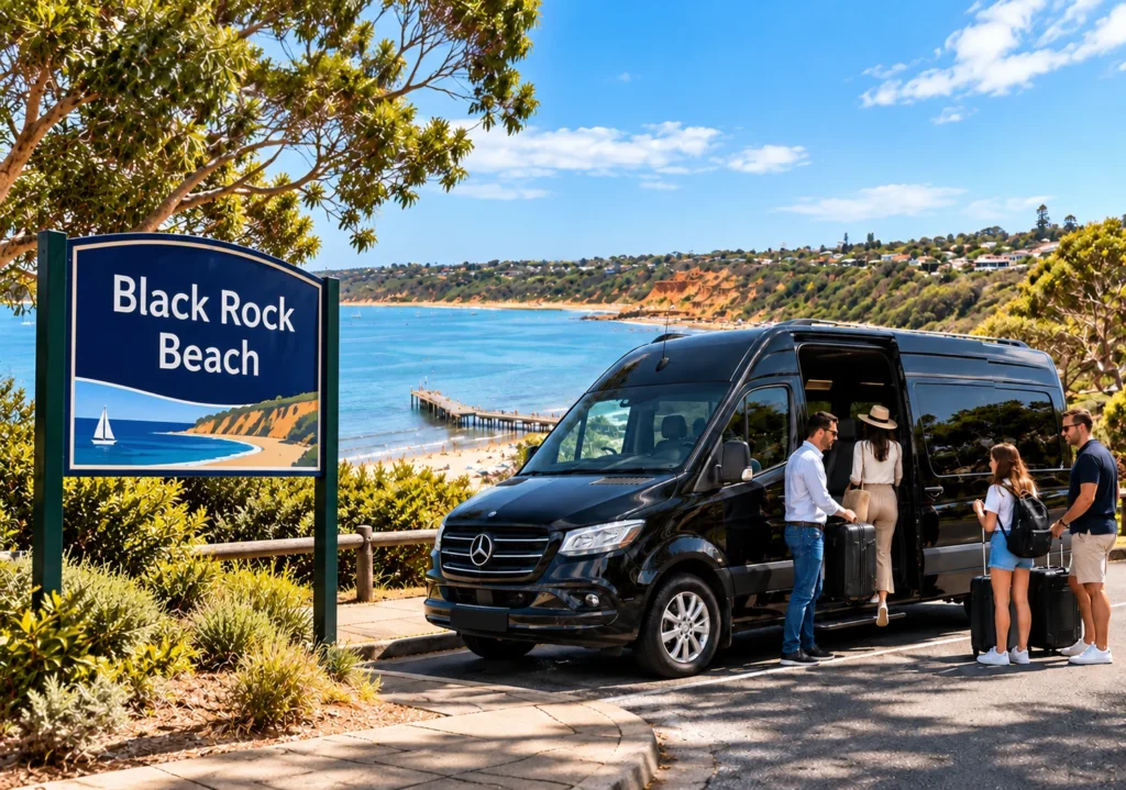 Black Rock Maxi Cab with passengers and driver near Black Rock Beach, overlooking Port Phillip Bay in Melbourne.