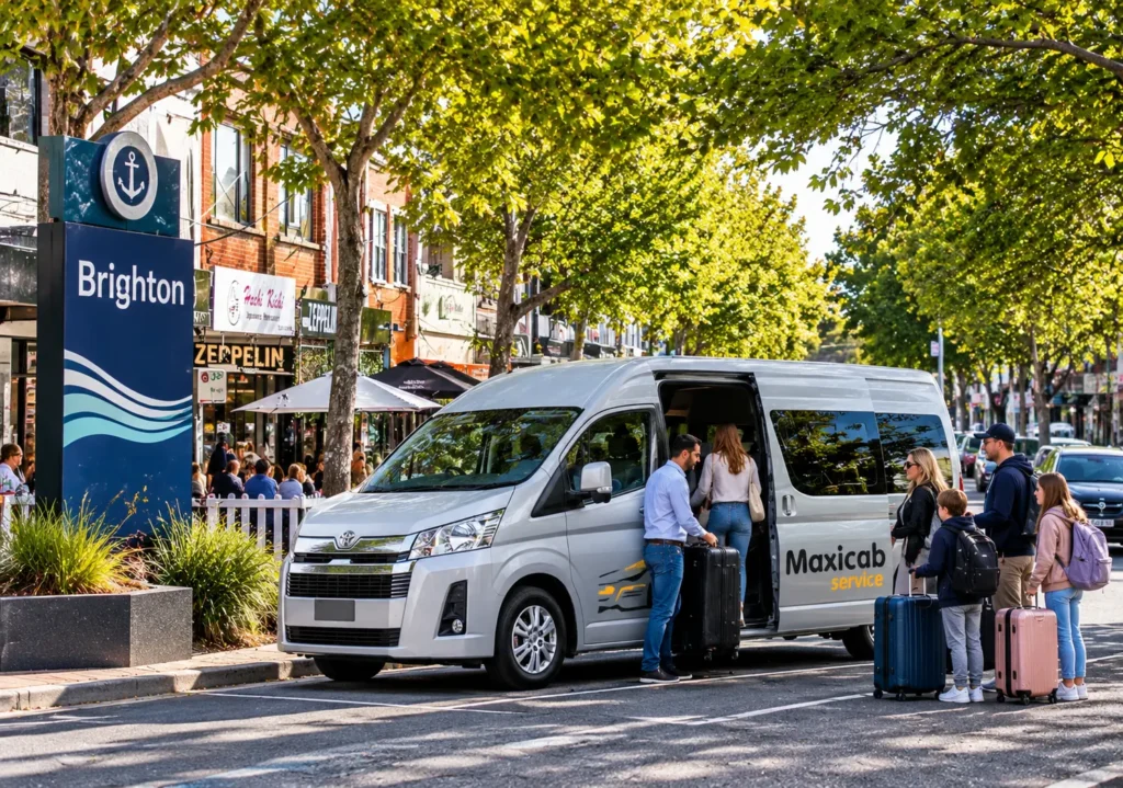 Brighton Maxi Cab featuring a silver Toyota HiAce taxi van with a driver assisting a family and passengers with luggage along Brighton shopping street in Melbourne.