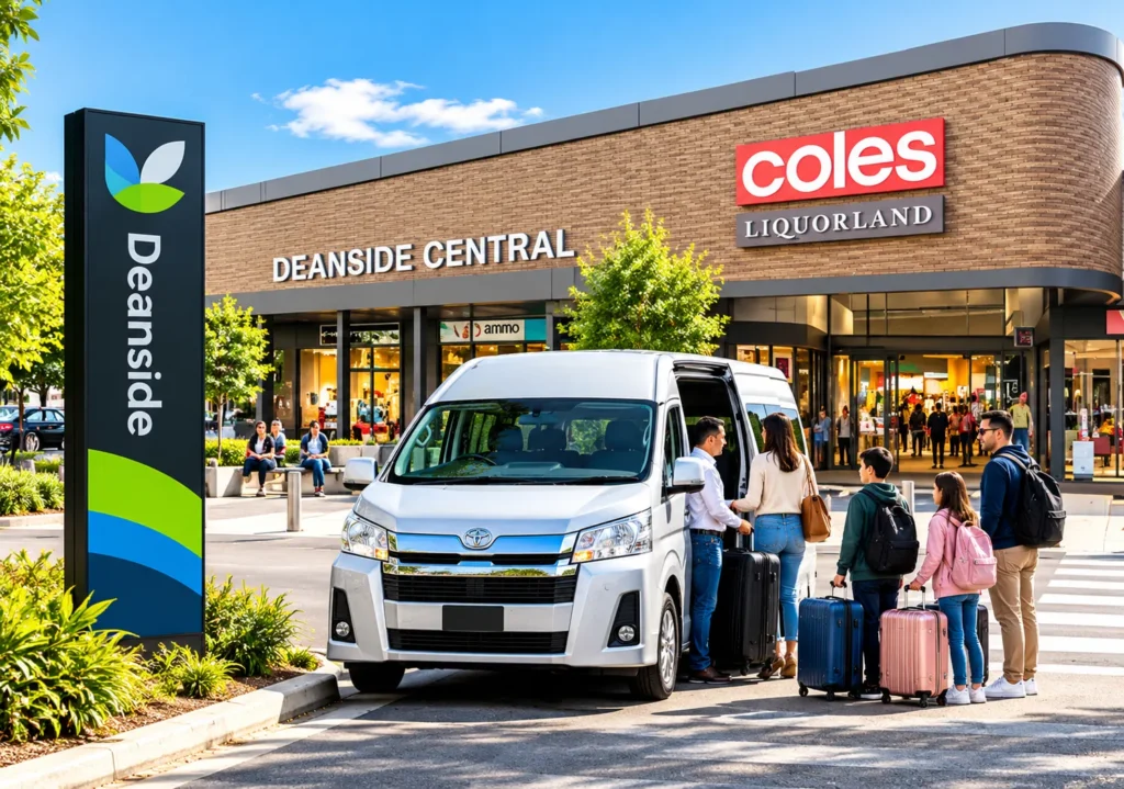 Deanside Maxi Cab Toyota HiAce taxi van with family passengers and luggage outside Deanside Central shopping centre, Melbourne.