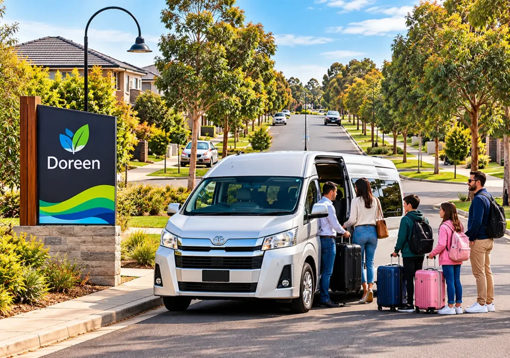 Doreen Maxi Cab with a silver Toyota HiAce taxi van, family passengers and luggage on a tree-lined residential street in Melbourne.