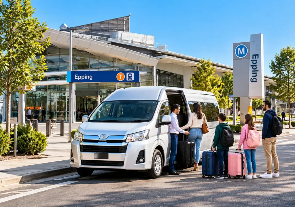 Epping Maxi Cab with spacious passenger van and family boarding with luggage outside Epping Station, Melbourne.