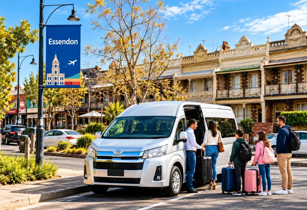 Essendon Maxi Cab with a silver Toyota HiAce passenger van and family boarding with luggage on a residential street in Essendon, Melbourne.