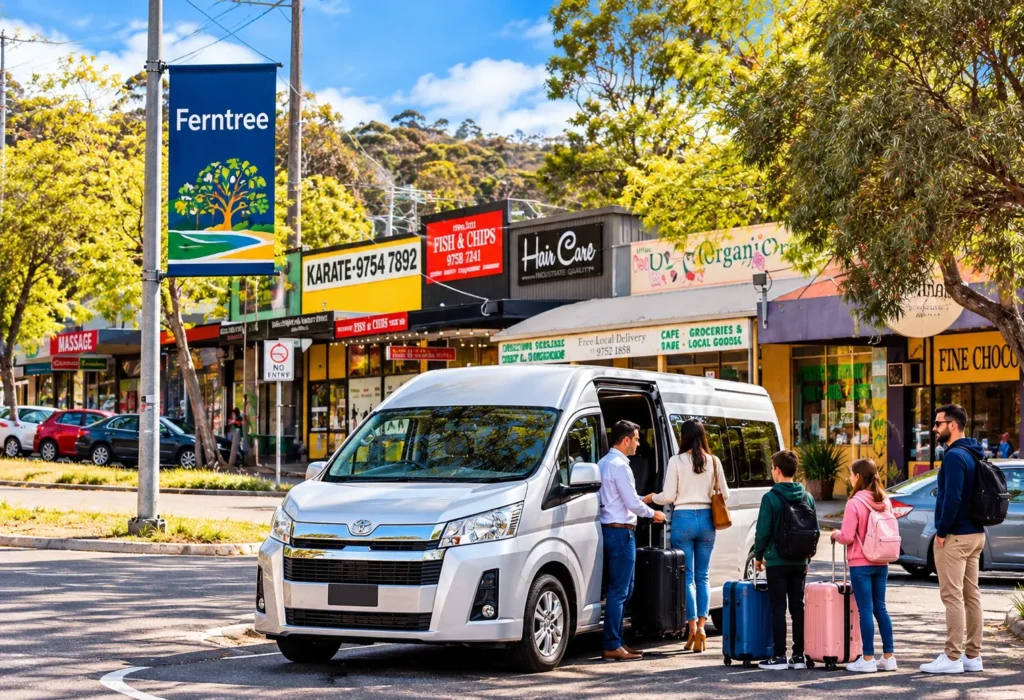 Ferntree Gully Maxi Cab with a silver Toyota HiAce van and family boarding with luggage near local shops in Melbourne.