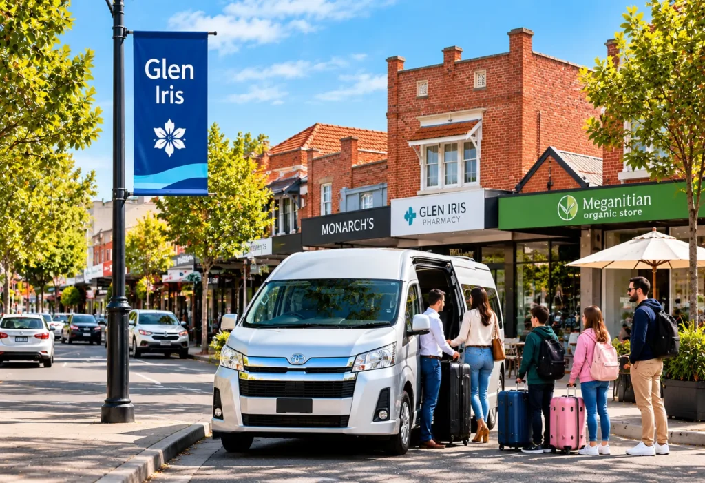 Glen Iris Maxi Cab with passengers and luggage outside local shops in Glen Iris, Melbourne.