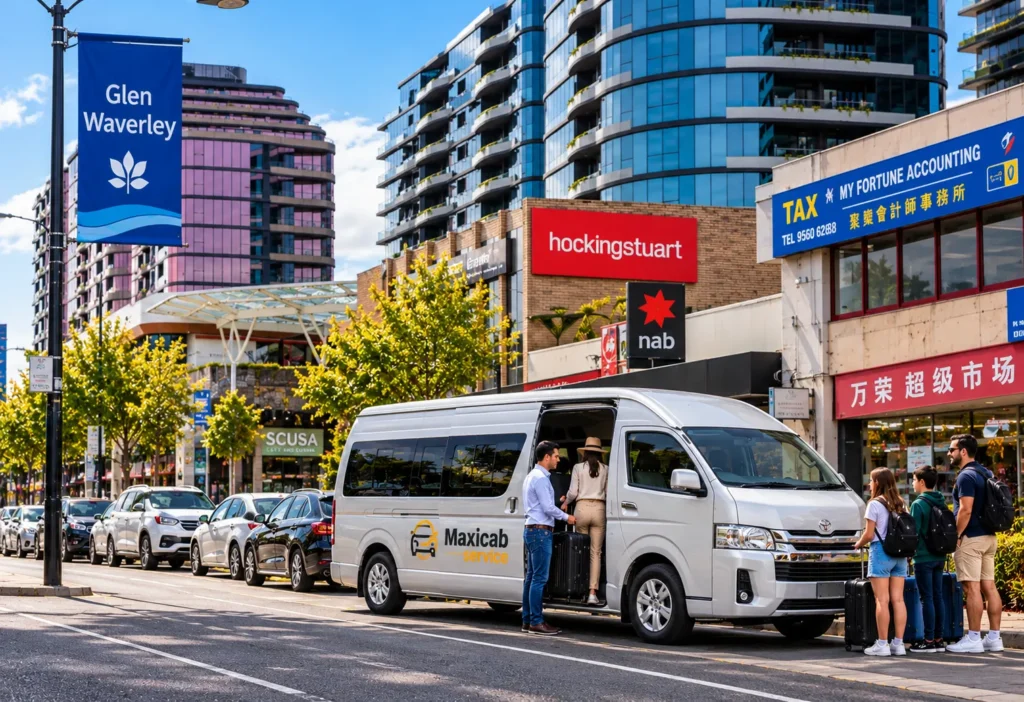 Glen Waverley Maxi Cab with passengers and luggage beside a silver taxi van on a Melbourne street.