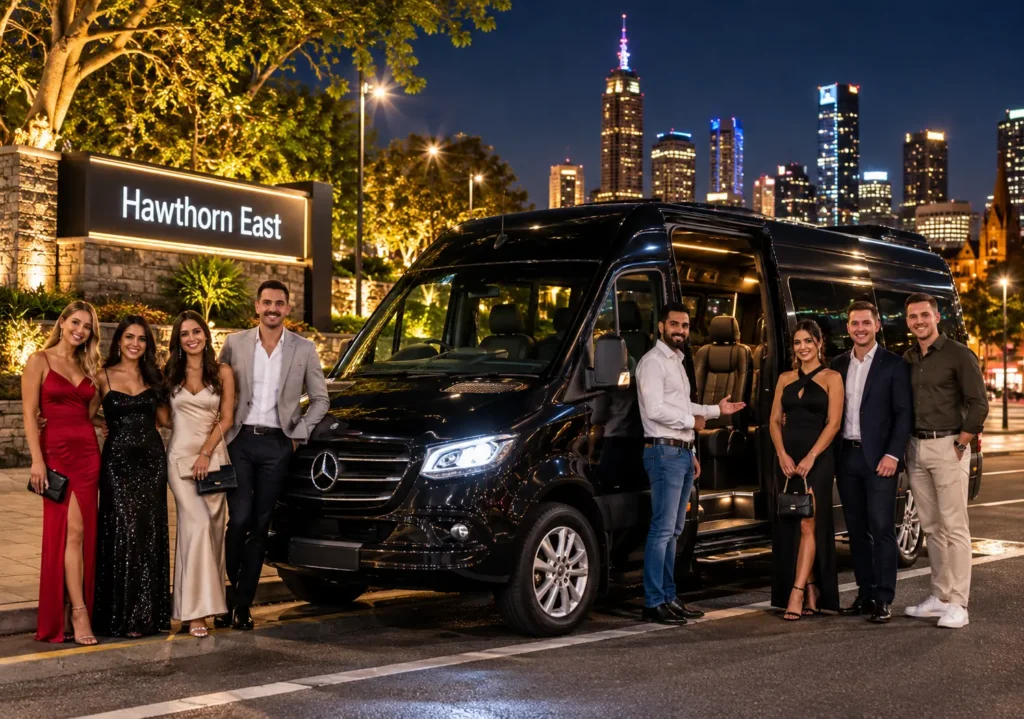 Hawthorn East Maxi Cab featuring a black Mercedes Sprinter with a driver and group passengers dressed for an evening event near Hawthorn