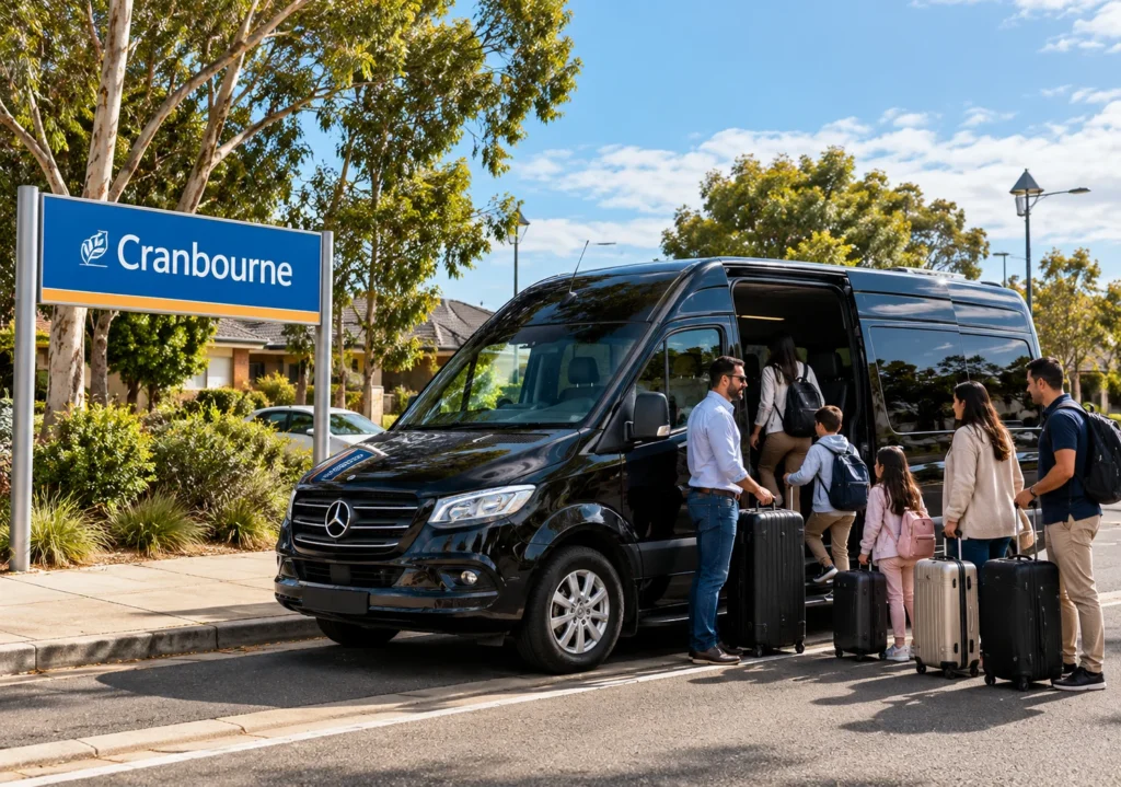 Cranbourne Maxi Cab featuring a black Mercedes Sprinter with a driver assisting families and group passengers with luggage near a Cranbourne sign.