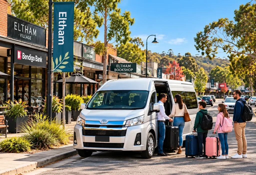 Maxi Cab Eltham featuring a silver Toyota HiAce taxi van with family passengers and luggage outside Eltham Village in Melbourne.