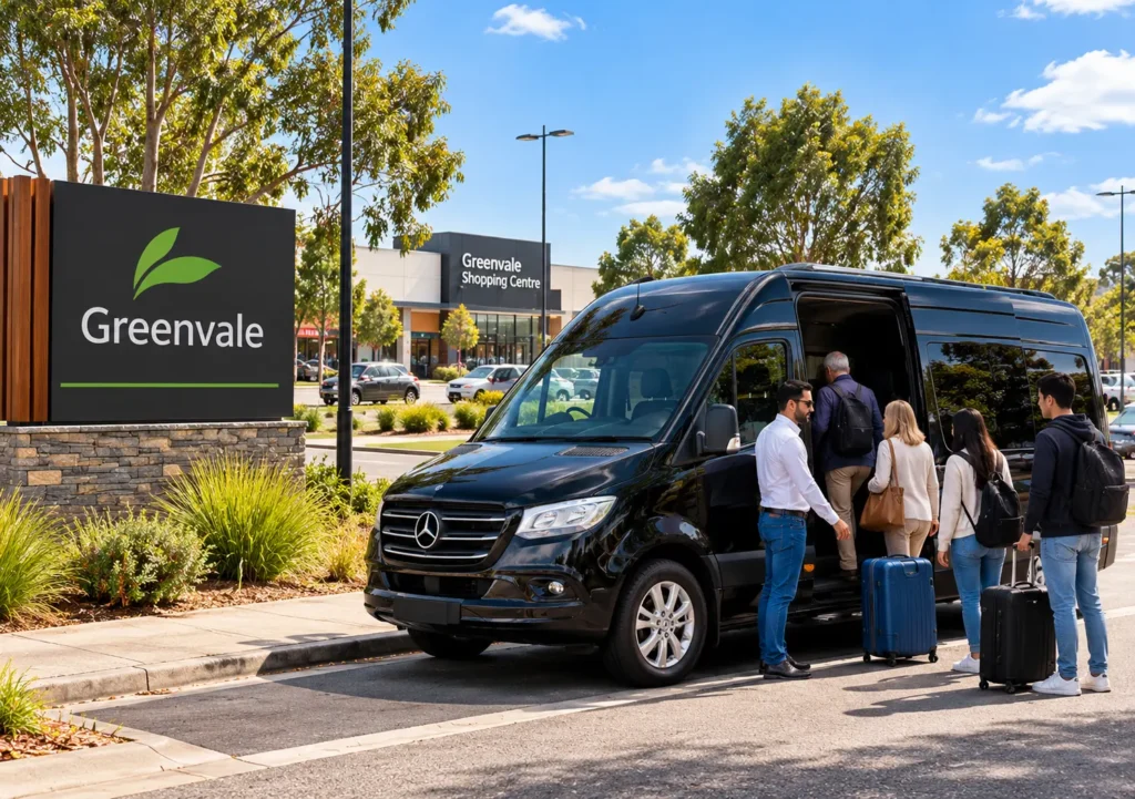 Maxi Cab Greenvale featuring a black Mercedes Sprinter with a driver assisting group passengers near Greenvale Shopping Centre, Melbourne.