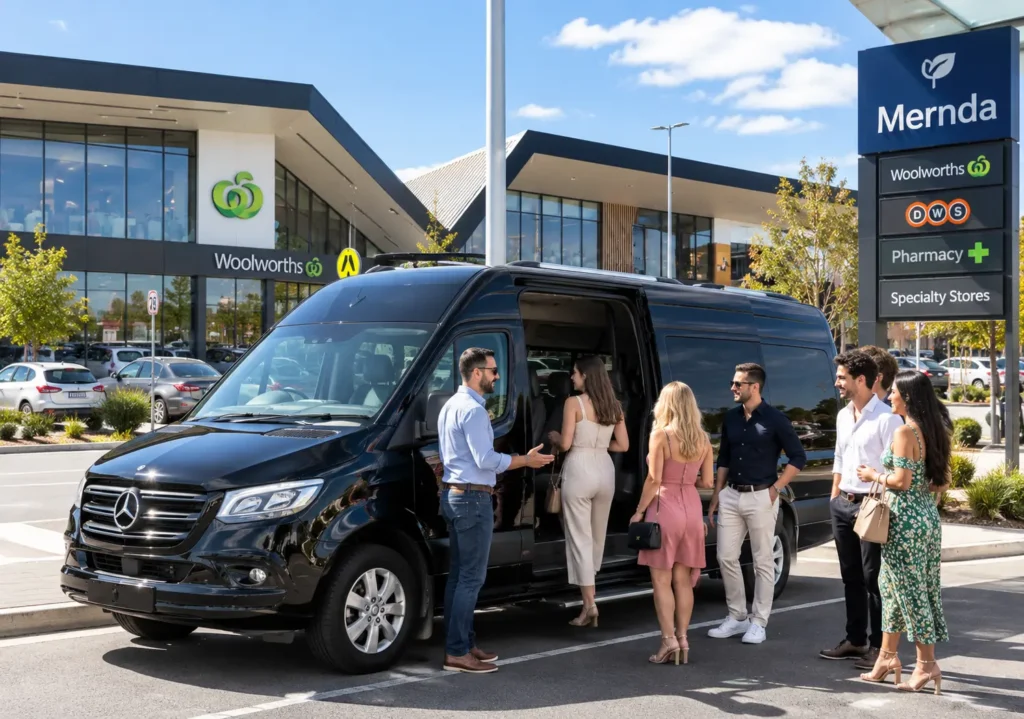 Mernda Maxi Cab featuring a black Mercedes Sprinter with a driver in a shirt and jeans assisting group passengers outside Mernda shopping centre, Melbourne.
