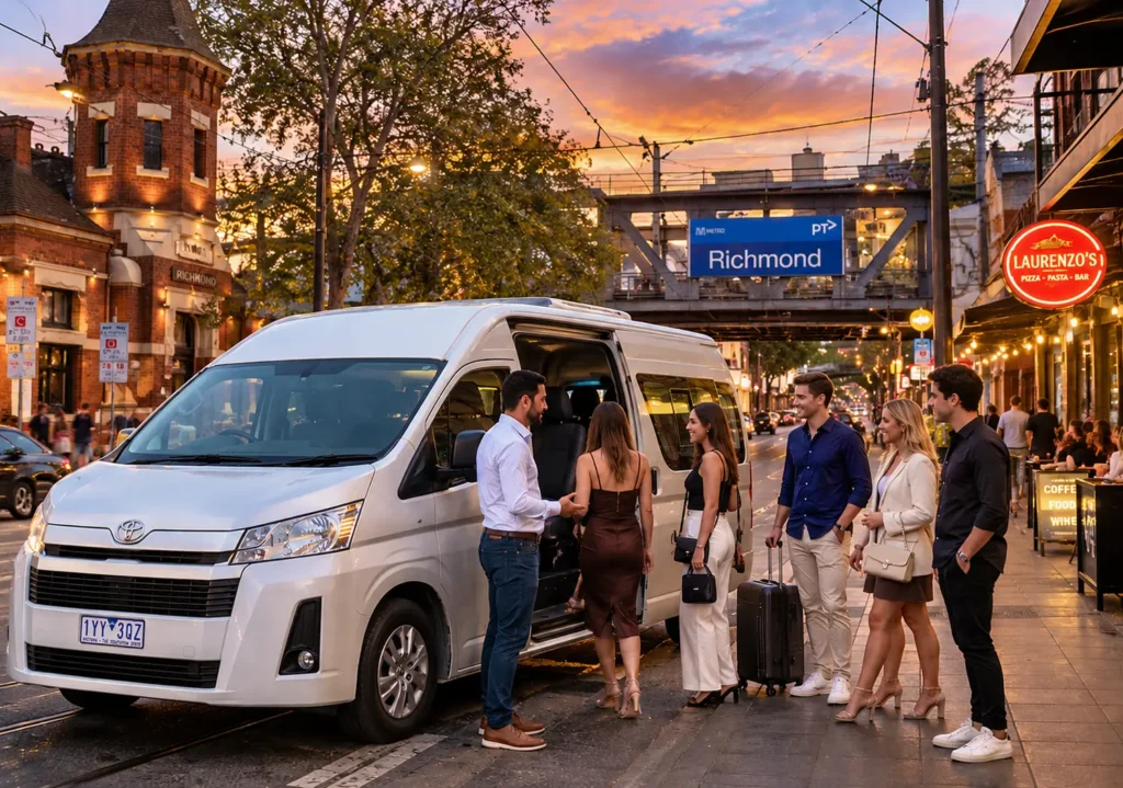 Richmond Maxi Cab featuring a silver Toyota HiAce with a driver in a shirt and jeans assisting group passengers near Richmond Station, Melbourne.