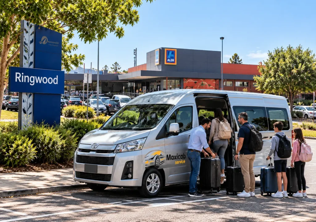Ringwood Maxi Cab with a silver Toyota HiAce taxi van, driver assisting passengers with luggage near ALDI in Ringwood, Melbourne.